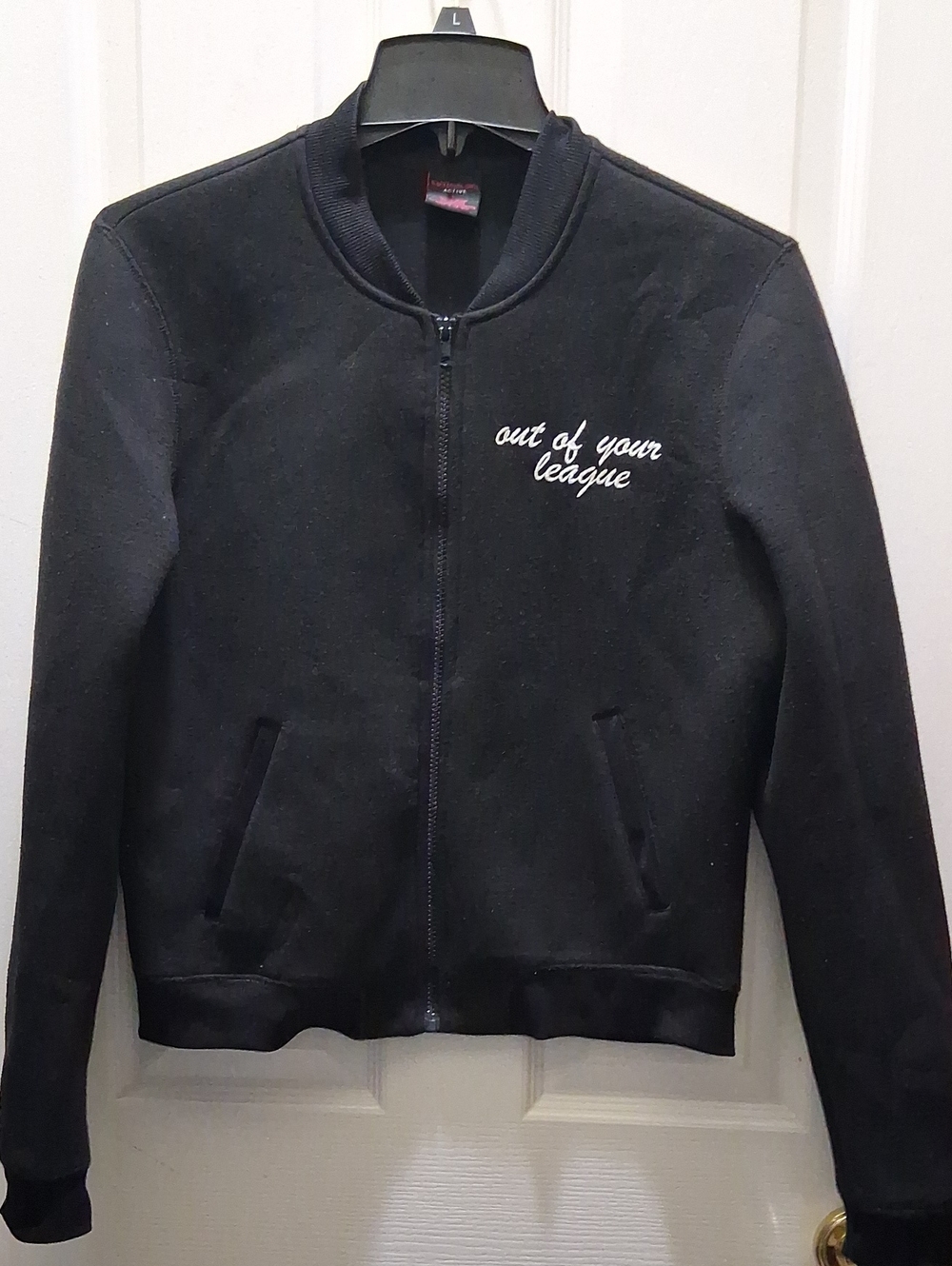 Material Girl Bomber Black Jacket with White Logo Tag "Out If Your League"